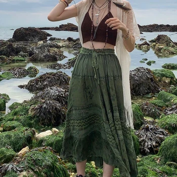  y2k Vytlačený Zelený Midi Sukne Retro Kawaii Čipky Dlho Skladaný Sukne Grunge Fairycore Boho Pláži Sukne, Elegantné Ženy